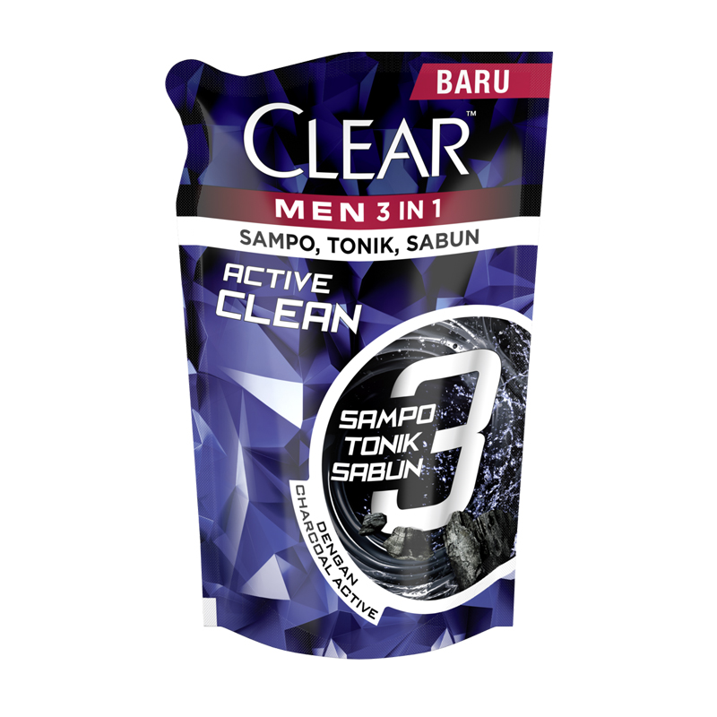 Clear Men 3in1 (Sampo Tonik Sabun) Active Clean Refill 280ml | Gogobli