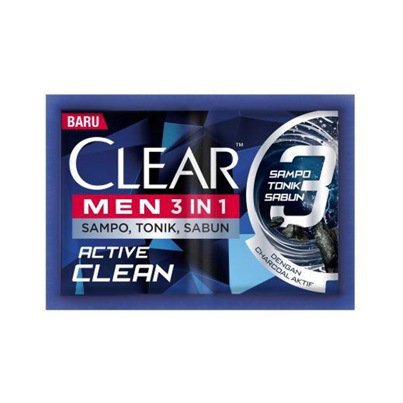 Clear Men 3in1 (Sampo Tonik Sabun) Active Clean Sachet 9ml | Gogobli