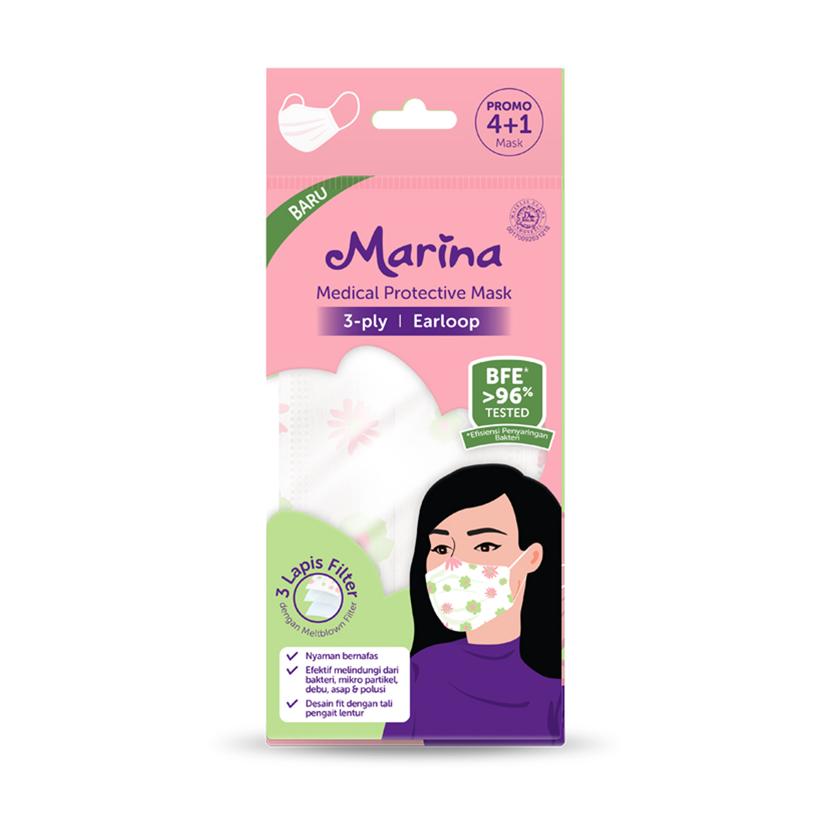 Marina Medical Protective Mask 3-Ply Earloop 4+1s | Gogobli