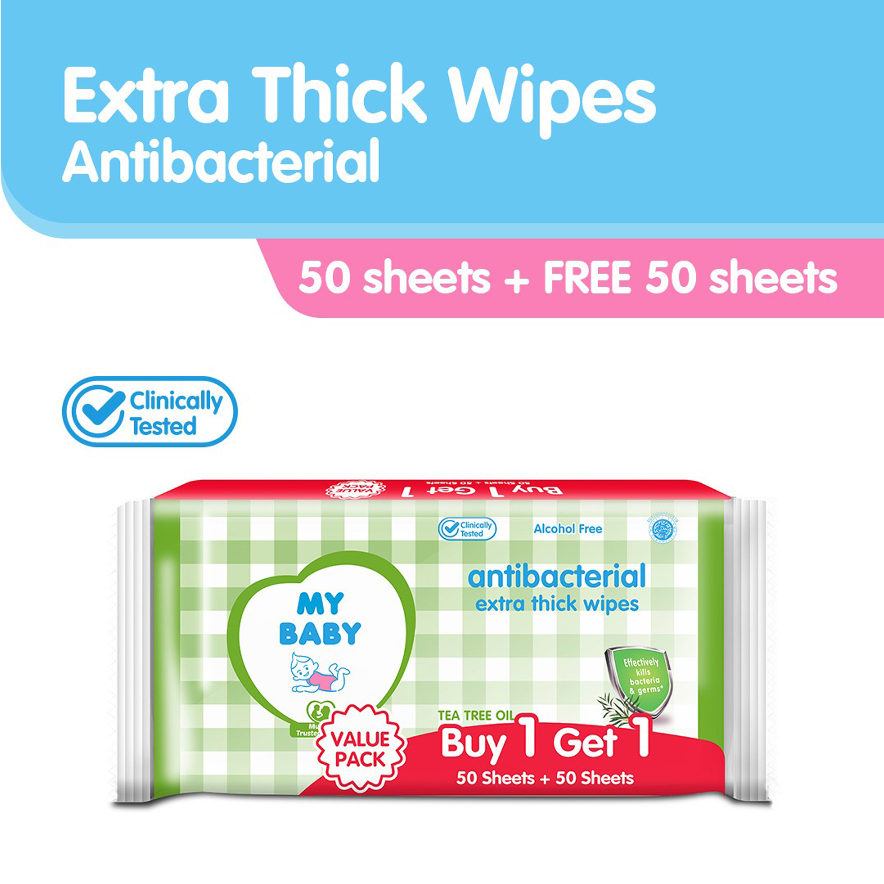 My Baby Extra Thick Wipes Antibacterial 50s (GRATIS 1pc My Baby Extra Thick Wipes Antibacterial 50s) | Gogobli