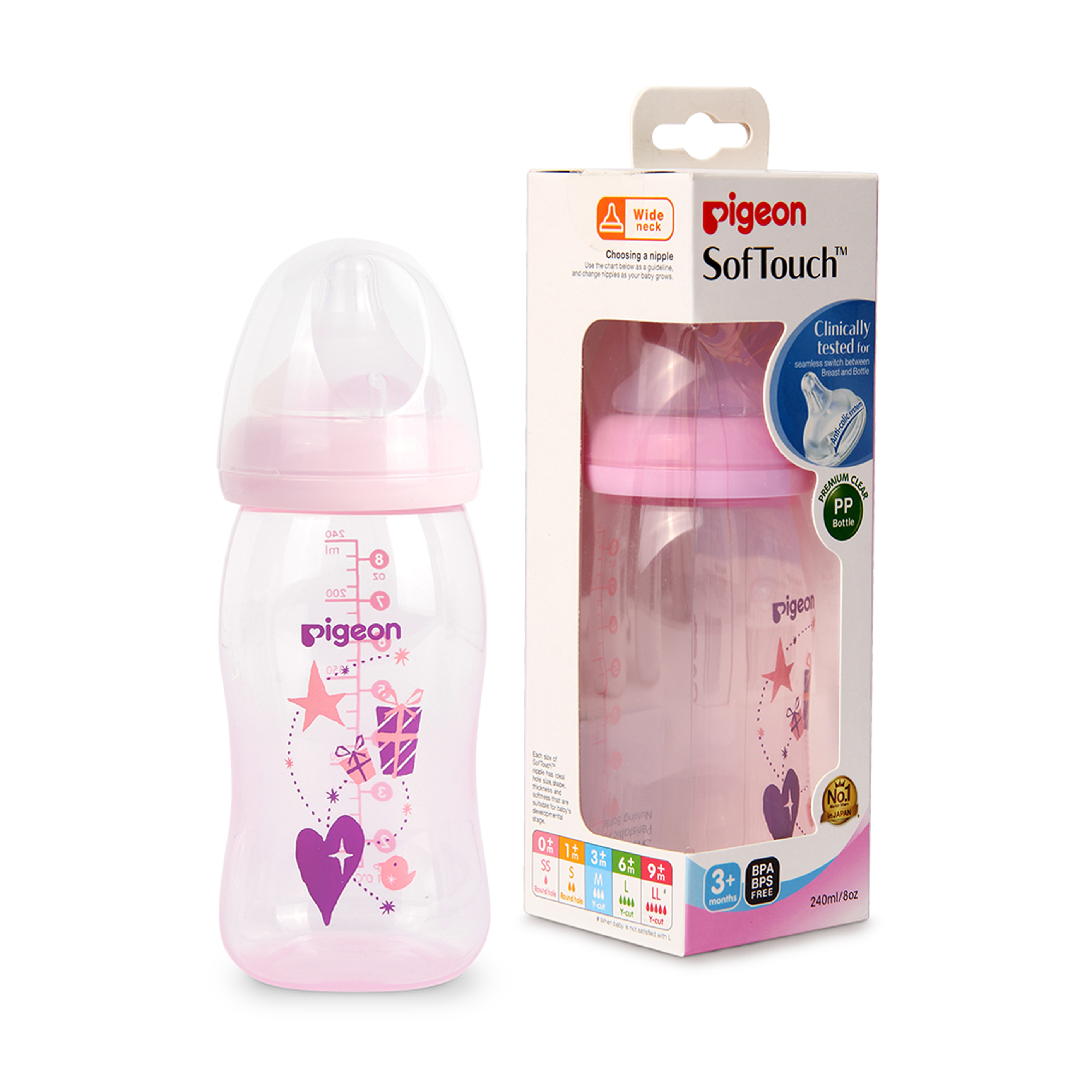 Pigeon SofTouch Clear Wide Neck Pink 240ml | Gogobli