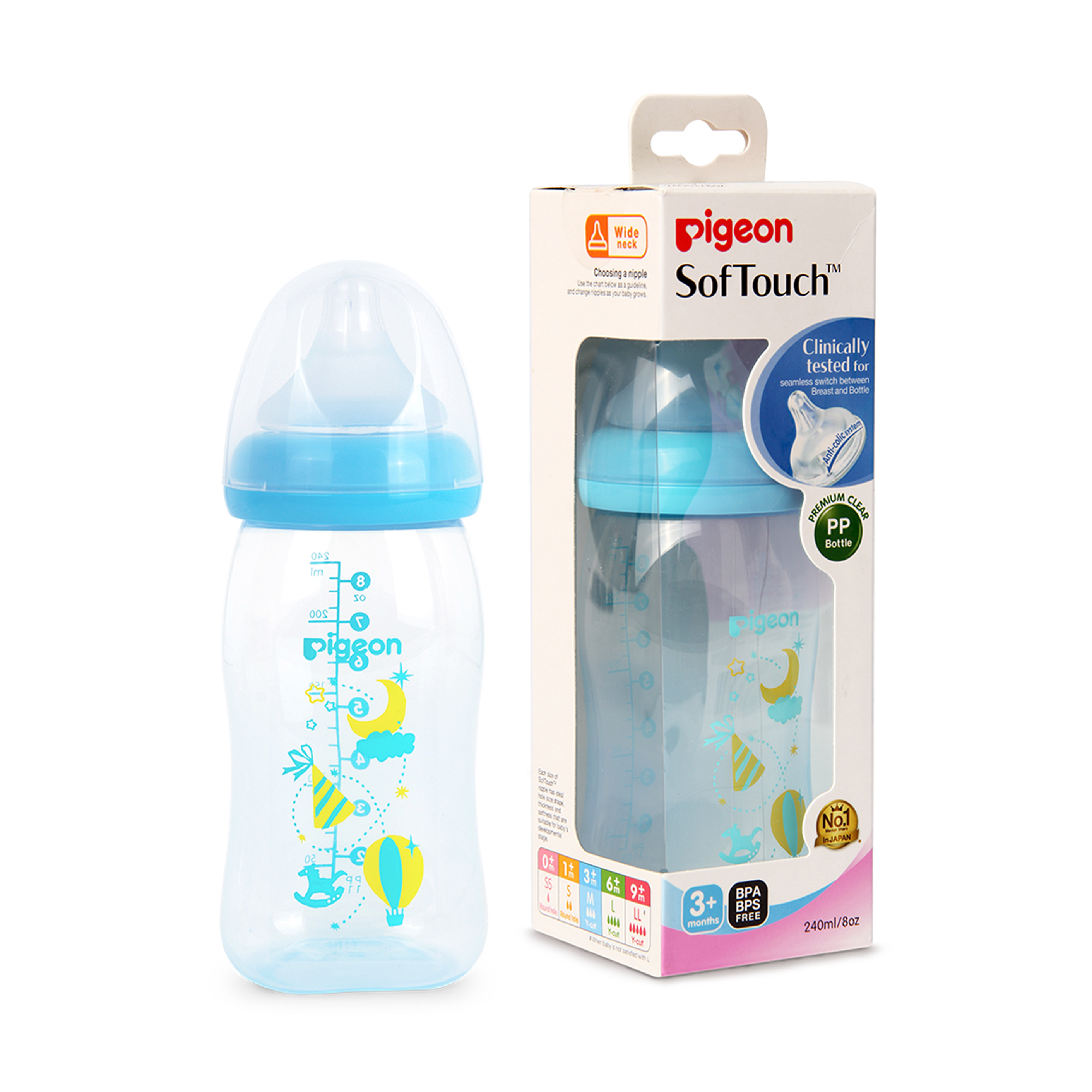 Pigeon SofTouch Clear Wide Neck Blue 240ml | Gogobli