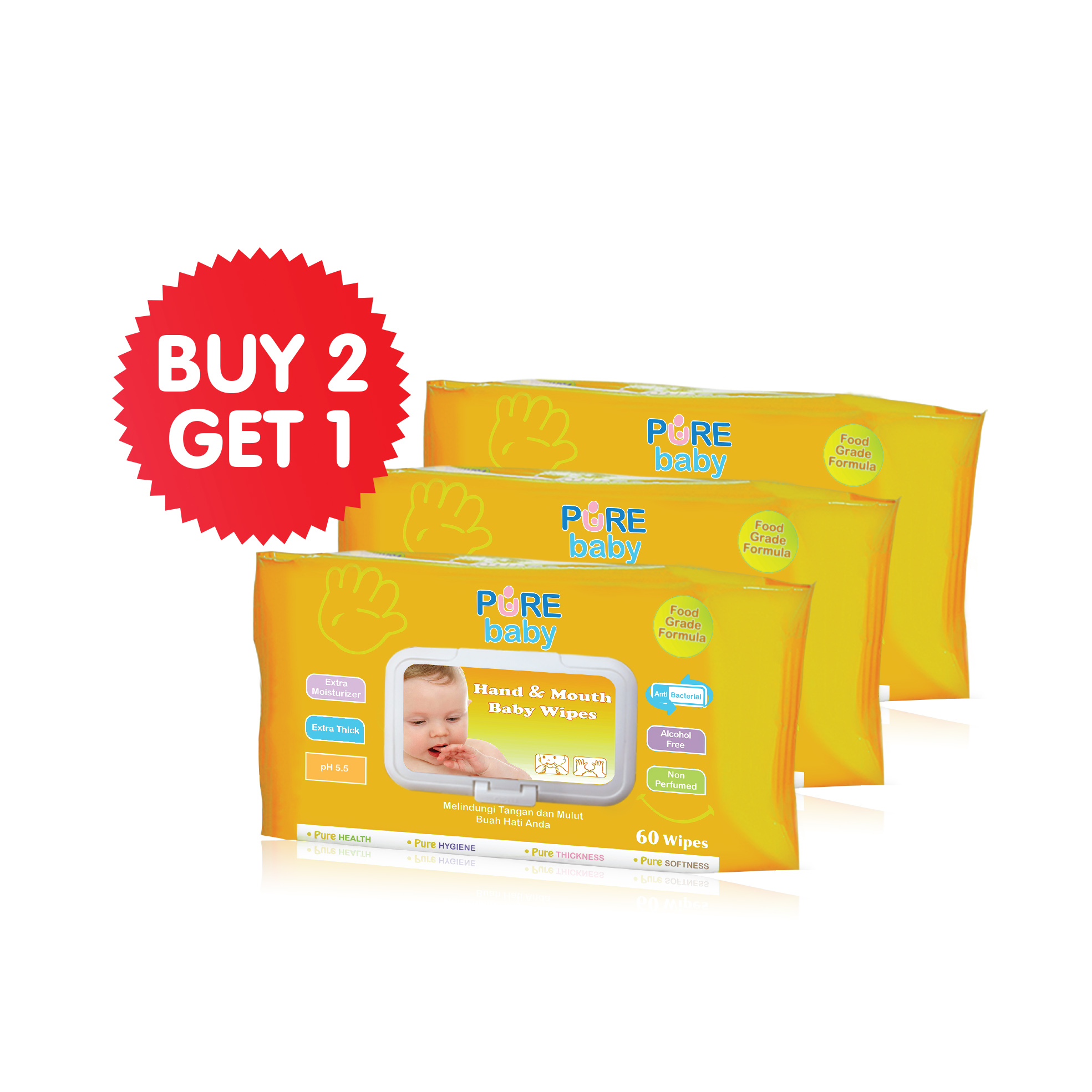 Pure Baby Hand And Mouth Baby Wipes Orange 60s Buy 2 Get 1 Free | Gogobli