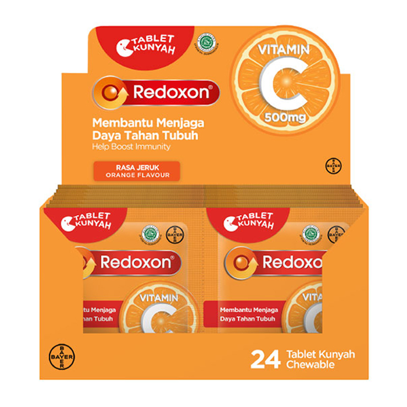 Redoxon Tablet Kunyah Vitamin C 500mg Rasa Jeruk Box 24 Tablet (1 Sleeve @2 Tablet) | Gogobli