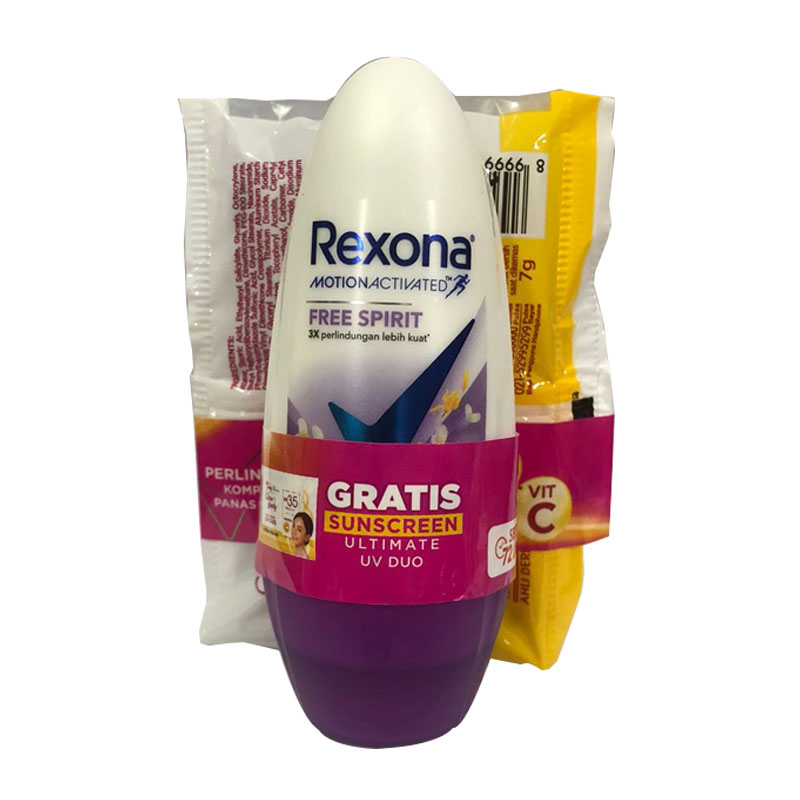 Rexona Women Roll On Free Spirit RL 45ml (GRATIS 1pc Glow & Lovely Sunscreen Ultimate UV DUO) | Gogobli