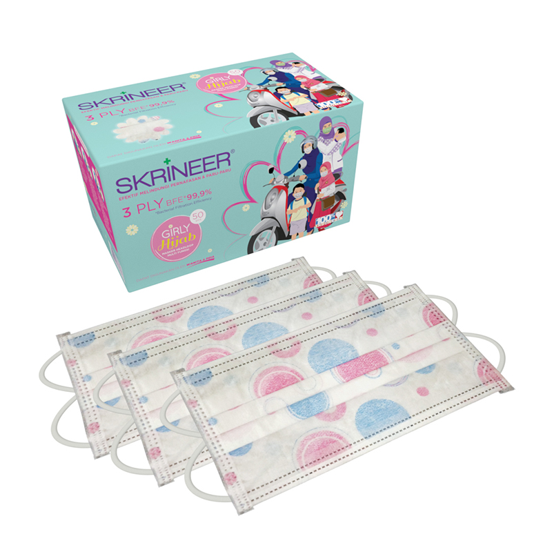 Skrineer Girly Hijab Mask Earloop Motif Dotty Pink 3Ply 50s | Gogobli