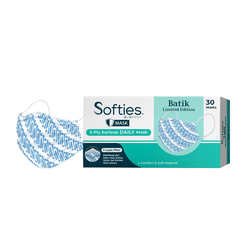 Softies 3 Ply Earloop Daily Mask (Batik Parang Design) Biru 30s | Gogobli