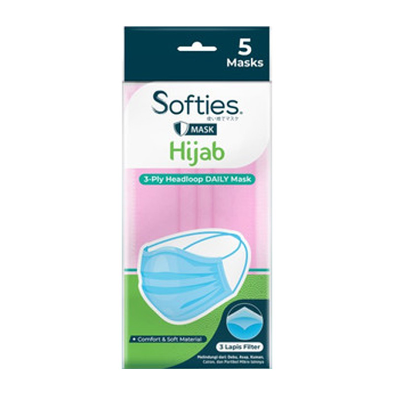 Softies 3 Ply Headloop Daily Mask Hijab Pink 5s | Gogobli