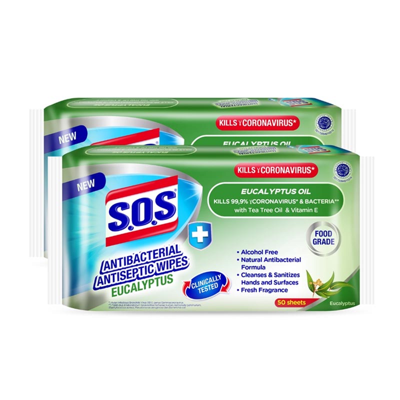 SOS Antibacterial Antiseptic Wipes Eucalyptus 50 Sheets Banded 50 Sheets | Gogobli