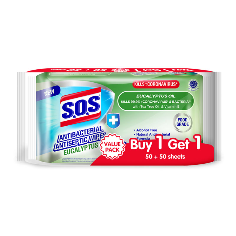 Jual SOS Antibacterial Antiseptic Wipes Eucalyptus 50 Sheets Banded 50 Sheets HBHoz