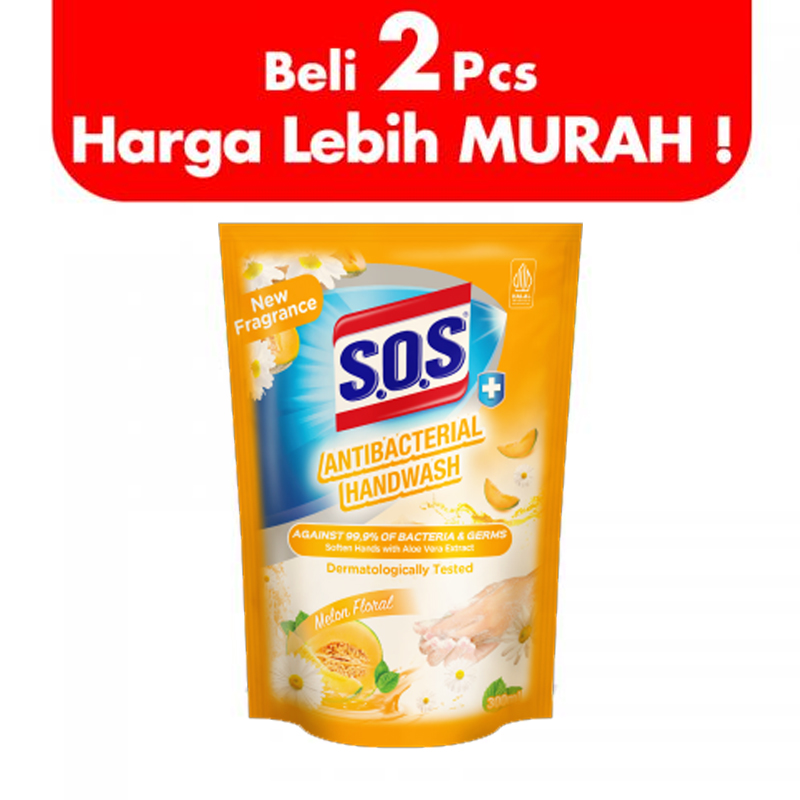 SOS Hand Wash Anti Bacterial Melon Floral Refill 300ml (BELI 2pcs LEBIH MURAH) | Gogobli