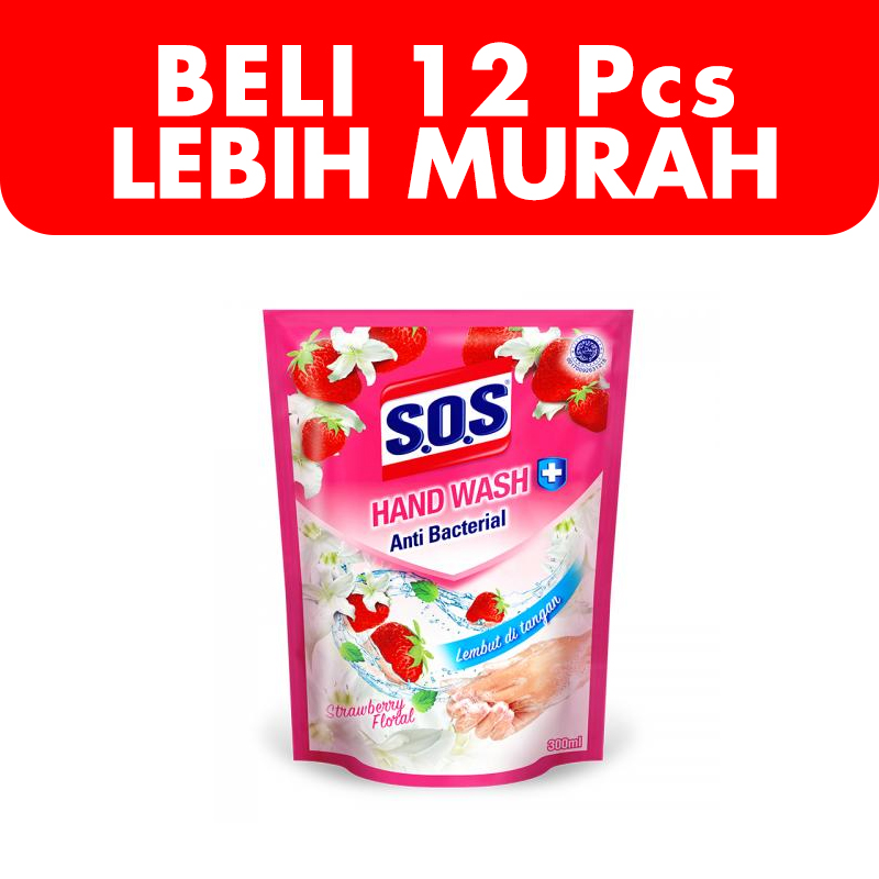 SOS Hand Wash Anti Bacterial Strawberry Floral Refill 300ml (BELI 12pcs LEBIH MURAH) | Gogobli