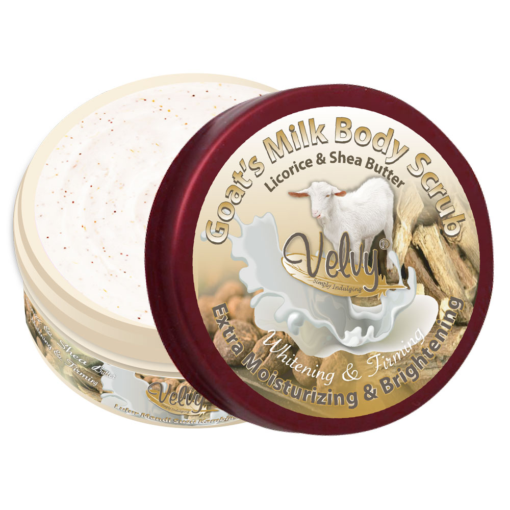 Velvy Goats Milk Body Scrub Licorice And Shea Butter 100gr | Gogobli